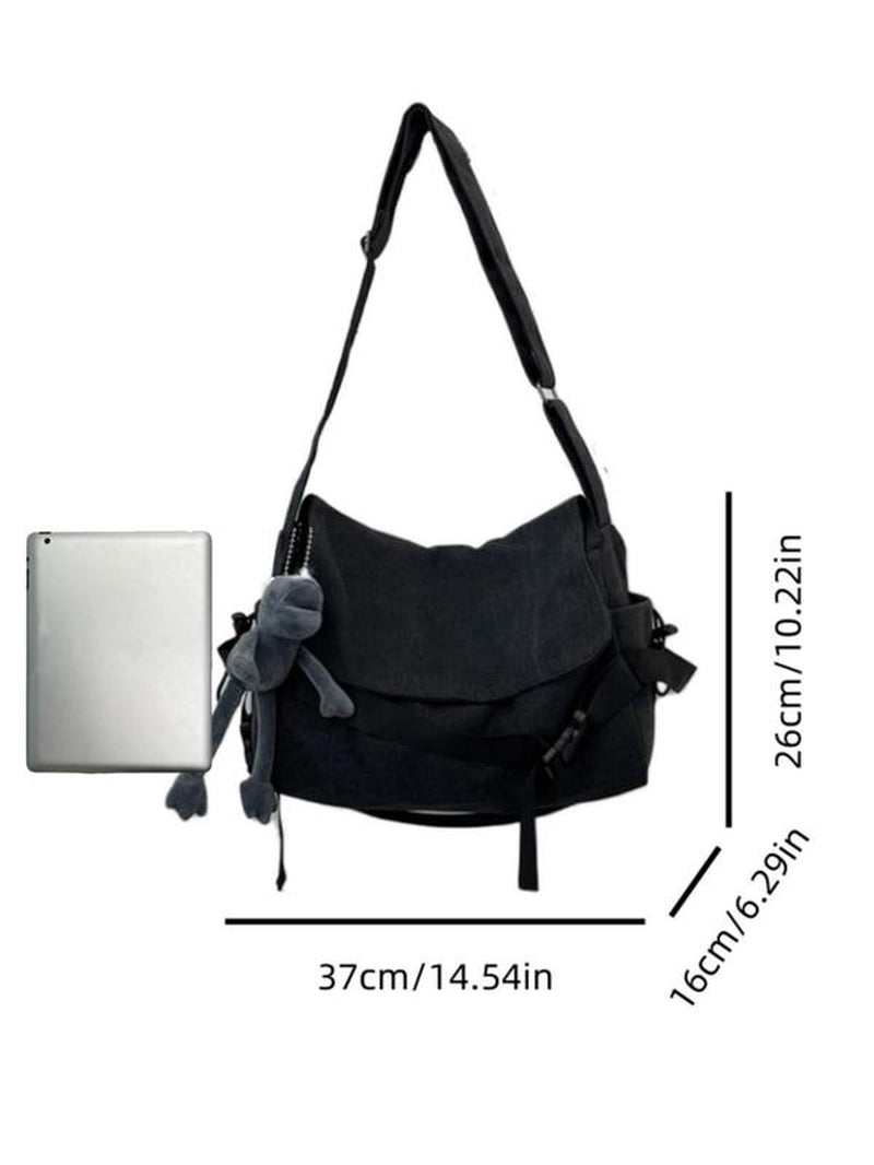 Men'S Plain Canvas Crossbody Bag, Solid Color Trendy Versatile Crossbody Bag with Cartoon Charm, Large Capacity Daily Commuting Shoulder Bag for Work & School