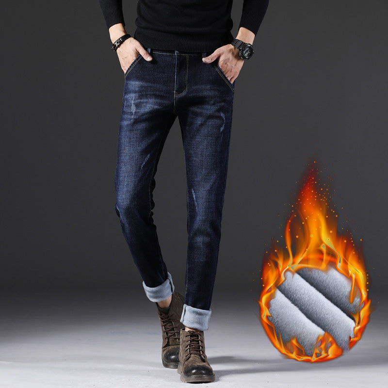 Denim Men'S Straight Loose Day System plus Fleece Casual Long Pants