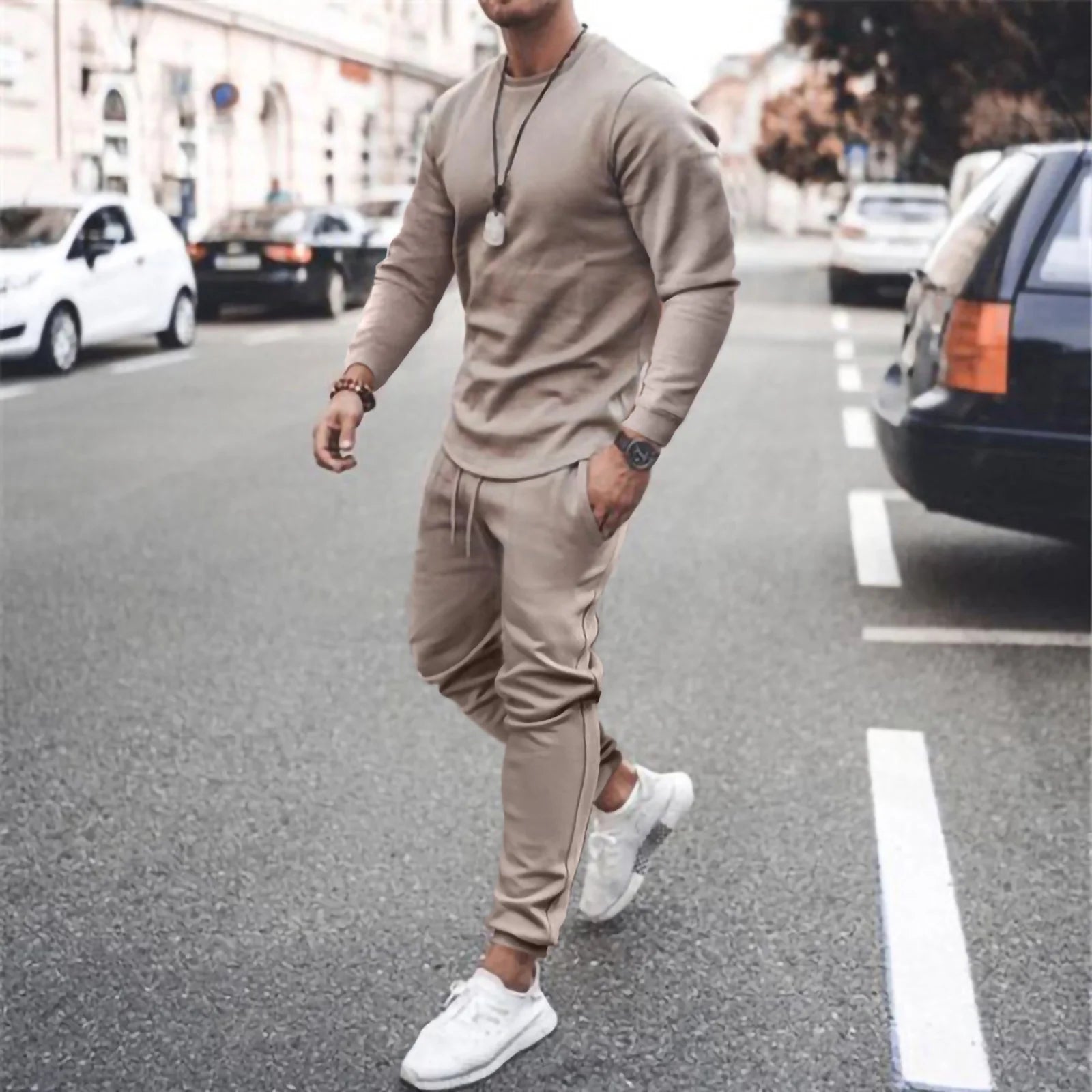 Men'S Tracksuit Long Sleeve round Neck Sweatshirts Tops Pants Set Two Piece Sweatsuits Outfits Sports Suit