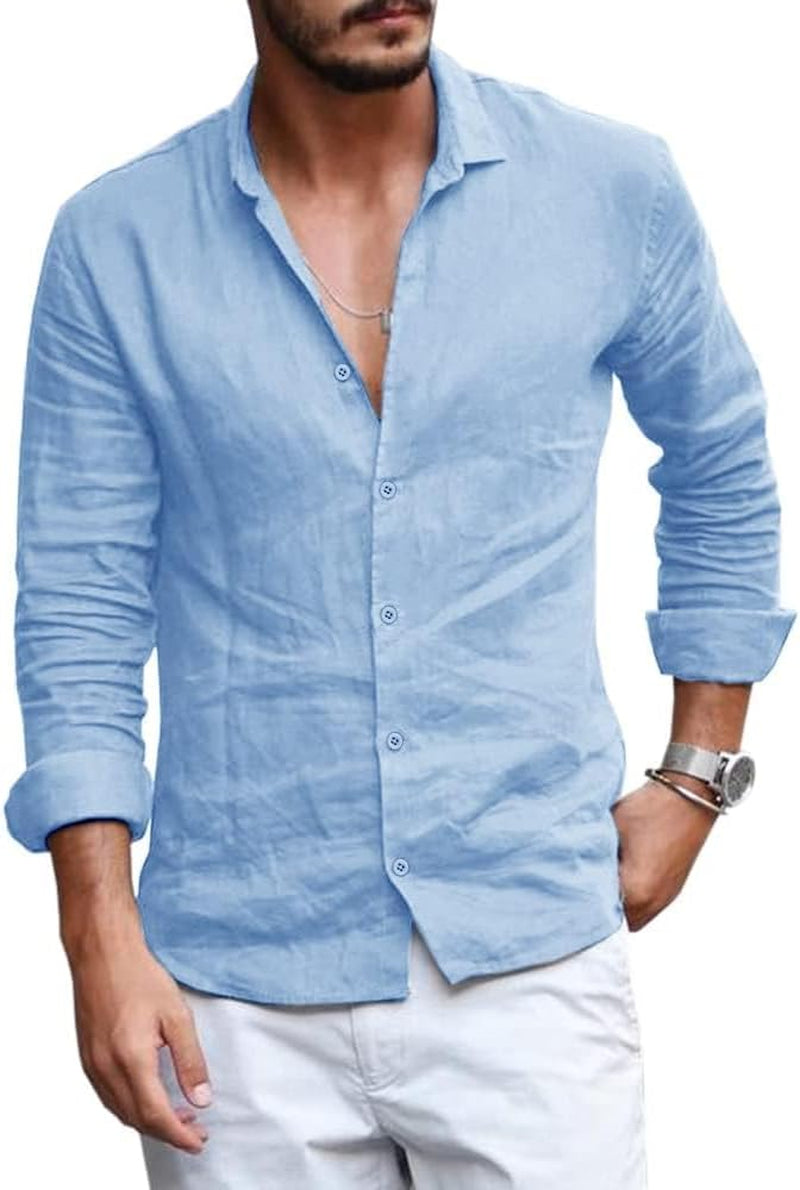 Mens Button down Shirt Linen Cotton Shirts Casual Long Sleeve Spread Collar Beach Plain Tops