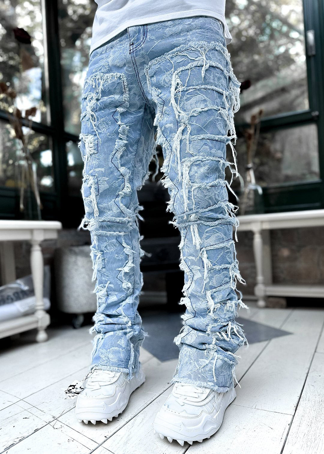 Ins Fringes Ripped Trousers Individual Patched Pants Long Tight Fit Stacked Jeans for Mens Clothing