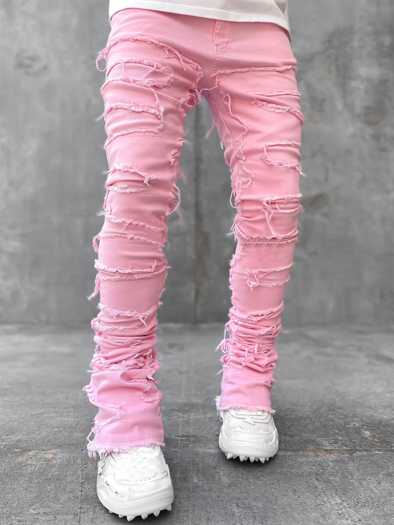 Ins Fringes Ripped Trousers Individual Patched Pants Long Tight Fit Stacked Jeans for Mens Clothing