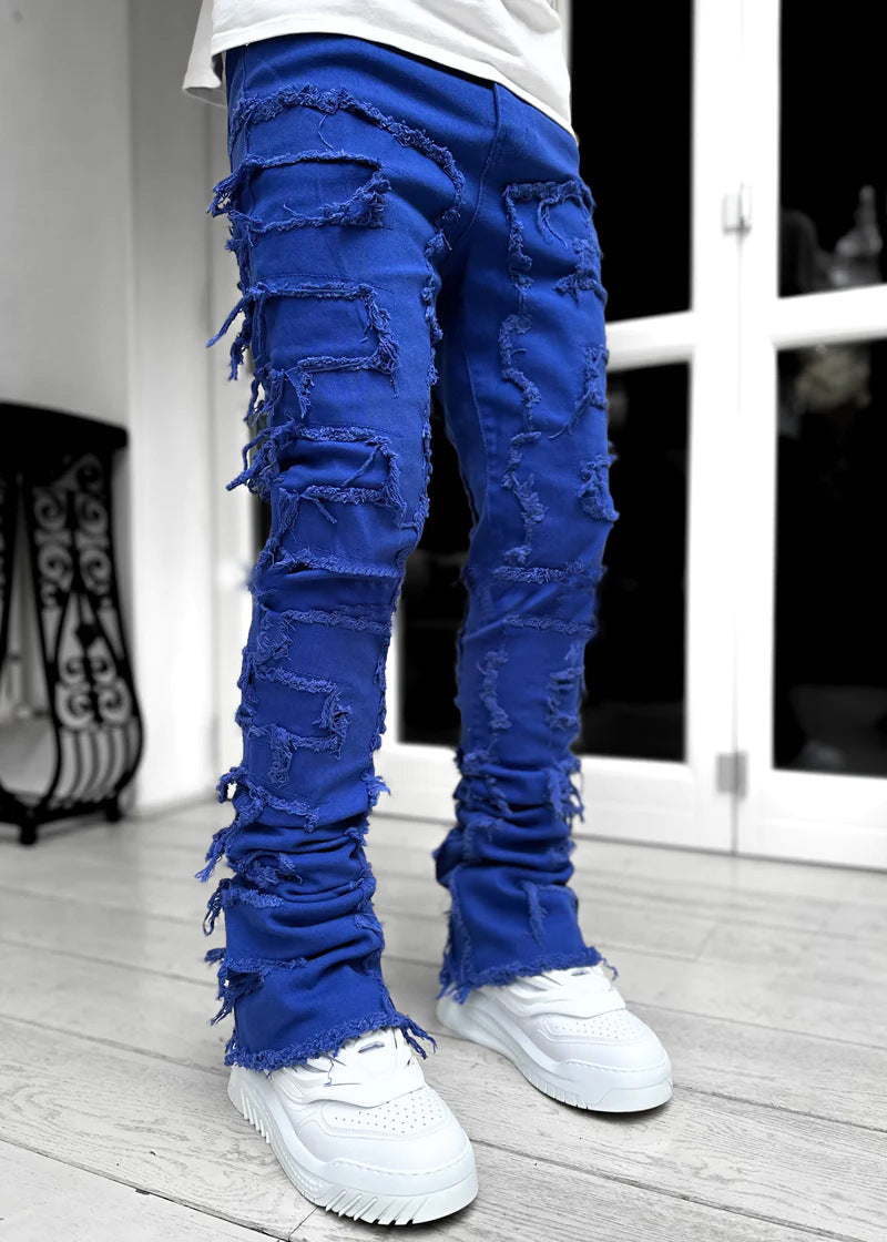 Ins Fringes Ripped Trousers Individual Patched Pants Long Tight Fit Stacked Jeans for Mens Clothing