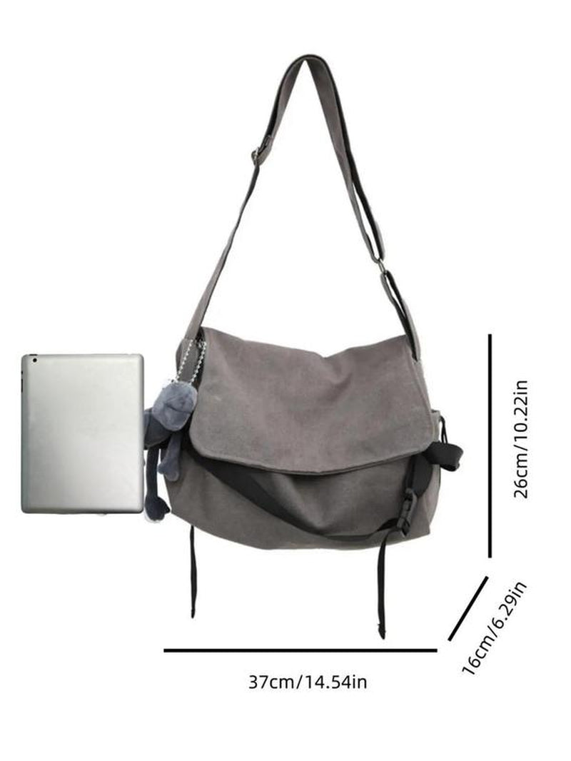 Men'S Plain Canvas Crossbody Bag, Solid Color Trendy Versatile Crossbody Bag with Cartoon Charm, Large Capacity Daily Commuting Shoulder Bag for Work & School